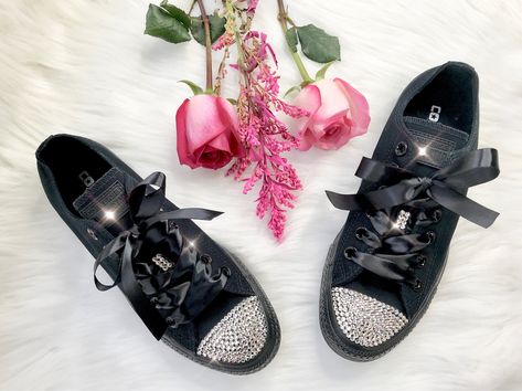 Swarovski Converse All Black With Beautiful Swarovski Crystals - women's bling sneakers wedding Converse Chuck Taylor All Star Converse All Black, Sneakers Wedding, Bling Sneakers, Converse Custom, Wedding Converse, Wedding Sneakers, Bling Shoes, Converse Chuck Taylor All Star, Tie Shoes