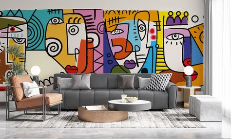 Portrait Wallpaper, Line Wall Art, Modern Mural, Colorful Murals, Canvas Drawing, Wall Murals Painted, Door Murals, Pottery Painting Designs, Face Portrait