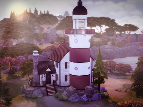 NO CC// It's time to move your Sims out of town and enjoy a relaxing way of life in this magnificent lighthouse! This isolated home has 2 bedroom, 1.5 bath, spacious living area, beatiful kitchen with... Sims 3 Worlds, Lotes The Sims 4, Sims 4 House Building, Sims 4 House Design, Sims Building, Sims House Design, Sims 4 Cc Furniture, Bay House, Sims 4 Build