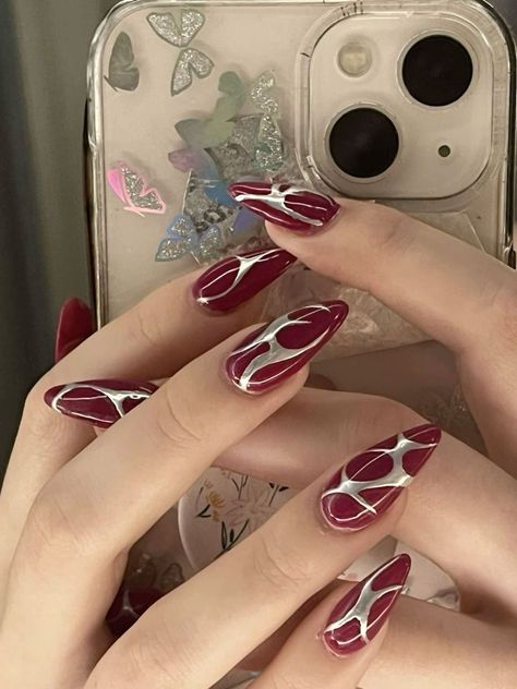 Silver And Red Nail Designs, Nail Ideas Acrylic Red, Burgundy Nails With Chrome, Red Oval Nails With Design, Red And Chrome Nails, Maroon Chrome Nails, Red Acrylic Nails Designs, Nail Art Maroon, Chrome Nail Design