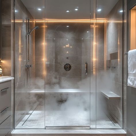 Luxurious modern bathroom with glass-encased shower and contemporary design, featuring steam, granite, glass, and ambient lighting. Luxury Steam Room, Steam Room Bathroom, Steam Shower, Large Shower, Glass Bathroom, Steam Showers, Steam Room, Cozy Atmosphere, Bathroom Remodel Master