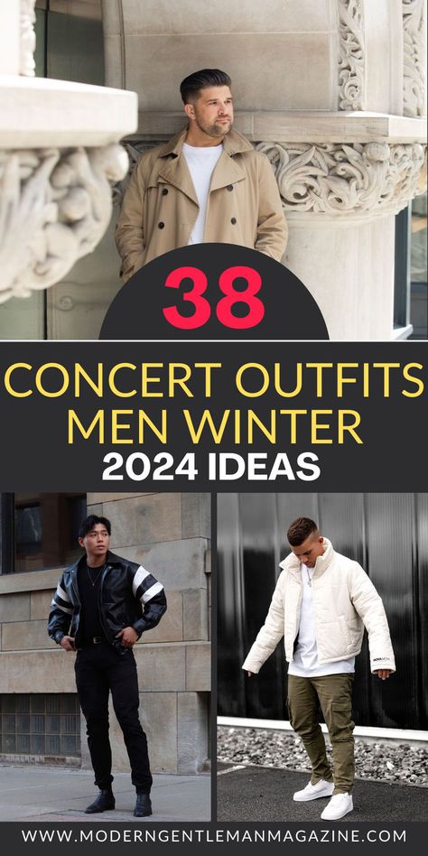 Planning for a winter concert? Here are 38 stylish outfit ideas for men to stay warm and look great. #ConcertOutfits #WinterOutfits #MensFashion Men Concert Outfit Winter, Concert Outfit Men Winter, Concert Outfit Ideas Men Winter, Mens Nashville Outfits Winter, Edm Concert Outfit Men, Outfit For Concert Men, Winter Clubbing Outfit Men, Men's Concert Outfit, Men Concert Outfit Ideas