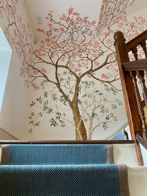 Stairs Mural Wall Art, Blossom Tree Mural, Staircase Murals Stairways, Mural On Staircase Wall, Staircase Wall Mural, Cherry Blossom Tree Mural, Stairway Mural Ideas, Staircase Mural Wall, Staircase Landing Wall Decor