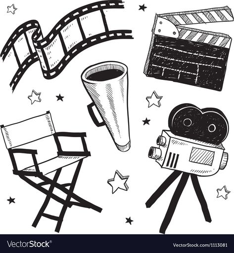 Doodle movie film camera director chair clapper Vector Image Film Template, Film Drawing, Camera Doodle, Kino Box, Dslr Quotes, Deco Cinema, Style Movie, Camera Illustration, Director Chair