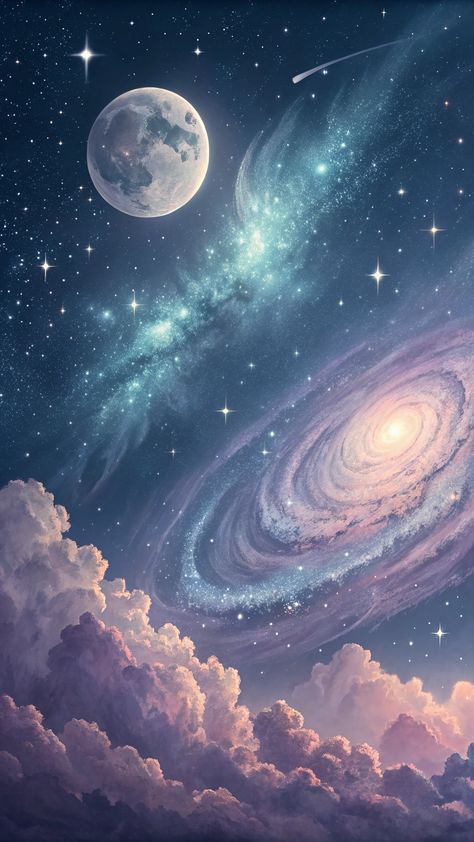 Step into a breathtaking celestial realm where the wonders of the universe unfold in a dreamy spectacle. This ethereal artwork captures a glowing galaxy, a luminous moon, and stardust swirling in the cosmic sky. Soft pastel clouds rise beneath, blending seamlessly with the vastness of space, creating a surreal fusion of earth and the cosmos. A mesmerizing piece perfect for space lovers and dreamers alike! 🌌✨ Celestial Realm, Pastel Clouds, Space Lovers, The Cosmos, Stardust, Soft Pastel, Cosmos, Adobe Stock, Surrealism