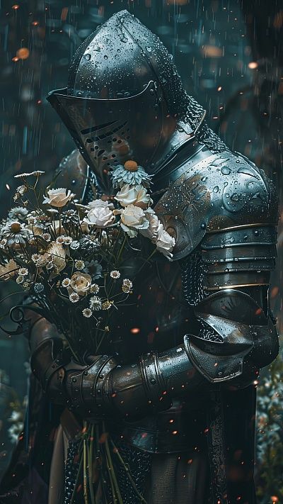 Knight Armor Aesthetic, Knight Romance, Knight Aesthetics, Wallpaper Cinematic, French Knight, Knight Princess, Knight Aesthetic, Knight In Armor, Holding Bouquet