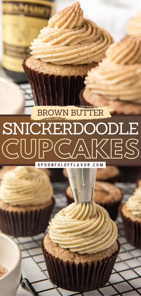 Brown Butter Snickerdoodle Cupcakes Snickerdoodle Desserts, Snickerdoodle Recipes, Easy Dessert Idea, Snickerdoodle Cupcakes, Tasty Cupcakes, Thanksgiving Cupcakes, Vanilla Bean Paste, Icing Recipes, Fancy Cupcakes