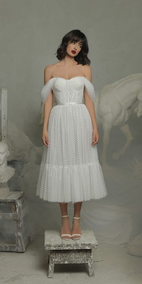 Tea Length Wedding Dresses — Timeless Elegance ★ #bridalgown #weddingdress Mid Calf Wedding Dress Tea Length, 1950 Wedding Dress Tea Length, Mid Wedding Dresses, Wedding Dresses Midi Length The Bride, Unique Midi Wedding Dress, Wedding Dresses Retro, Vintage Wedding Dress Midi, Mid Length Wedding Dress Vintage, Wedding Dresses Midi Length