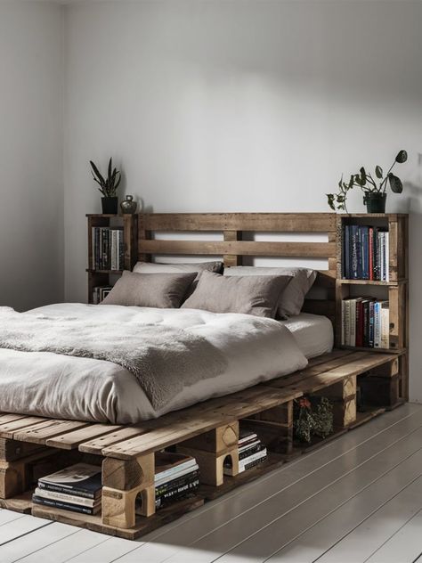 21 DIY Pallet Bed Ideas – The DIY Desire Diy Pallet Bed Ideas, Crate Bed Frame, Pallet Bed Ideas, Palette Bed, Diy Bed Frame Easy, Pallet Bed Frame Diy, Wooden Pallet Beds, Pallet Bed Frames, Pallet Bed Frame