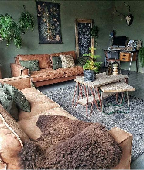 Basement colour and furniture inspiration. Beautiful warm colours - tan sofas, green walls Interior Design Country, Modern Bohemian Living Room, Cozy Rooms, Bohemian Living Rooms, Bohemian Living, Bohol, Bohemian Living Room, Dream Rooms, Living Room Inspiration