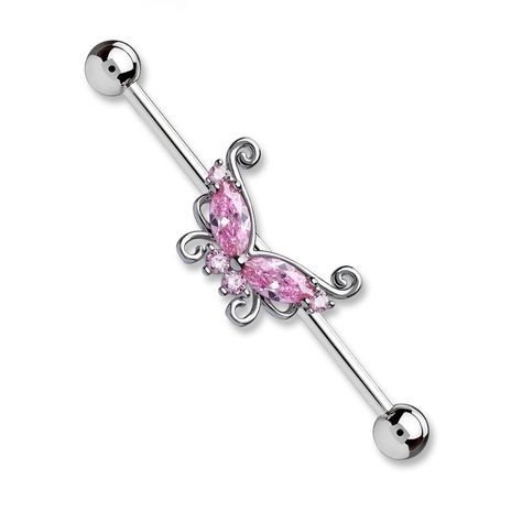 PRICES MAY VARY. STYLE: CZ Crystal Butterfly Industrial Barbell MATERIAL: 316L Stainless Steel and Cubic Zirconia Crystals GAUGE/BAR THICKNESS: 14GA (1.6mm) BARBELL LENGTH: 1&1/2" (38mm) BALL SIZE: 5mm Matching Piercings, Cute Industrial Piercing, Crystal Gauges, Industrial Earrings, Industrial Piercing Jewelry, Pink Bar, Industrial Jewelry, Industrial Barbell, Industrial Piercing