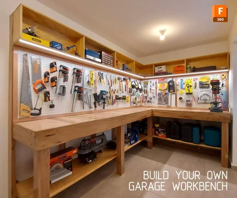 Sturdy Garage Workbench With Top Pegboard, Cabinet and Bottom Shelf : 16 Steps (with Pictures) - Instructables Build Your Own Garage, Garage Workbench Plans, Garage Workshop Layout, Garage Workbench, Workshop Layout, Garage Work Bench, Workbench Plans, Garage Shelf, Garage Makeover