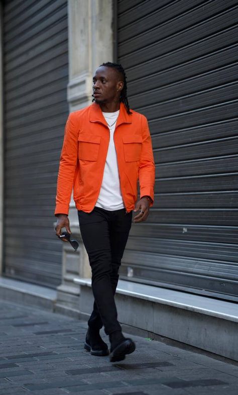 Orange Field, Study Outfit, Bright Colored Outfits, Orange Suit, Bag Pocket, Field Coat, Winter 22, Black Men Street Fashion, Outfits Hombre