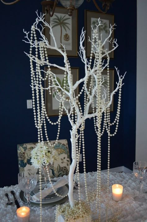 Set a Winter Wonderland Tablescape Classy Winter Wonderland Decorations, Winter Wonderland Table Setting Ideas, Diy White Christmas Decorations, Pearl Table Decor, Beaded Centerpieces, All White Christmas Decor, White And Silver Christmas Decorations, Luxury Party Decorations, Winter Wonderland Christmas Decor