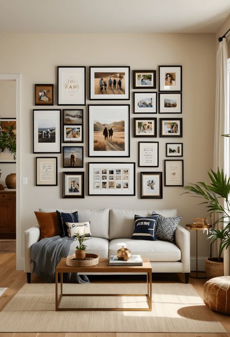 Looking for ways to elevate your living room? These 25 stunning wall decor ideas will help you create a space that feels stylish, modern, and uniquely yours. Ready to get inspired? Modern Photo Wall Living Room, Clock And Pictures On Wall, Random Photo Wall, Wall Decor With Photo Frames, Living Room Wall Decor Family Pictures, Picture Frame Wall Ideas Living Room, Smallwoods Gallery Wall Living Room, Living Room Pictures Wall Ideas, Frame Arrangement On Wall