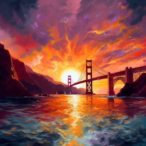 Looking for a beautiful and unique housewarming gift or way to upgrade an area of your home. Look no further than this stunning sunset digital print of the Golden Gate Bridge in San Francisco. This digital print is the perfect addition to any home, office, or apartment. Golden Gate Bridge Painting, Garden Bridge Design, Bridge Painting, Bridge Art, San Francisco Golden Gate Bridge, Stunning Sunset, Png Art, Bridge Design, Mural Art