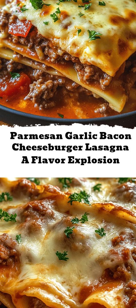 Dive into a flavor sensation with this Parmesan Garlic Bacon Cheeseburger Lasagna! This unique dish combines the comfort of classic lasagna with the savory delight of a cheeseburger, layering meaty goodness, crispy bacon, and a blend of creamy cheeses. Perfect for family dinners or gatherings, it promises to impress your guests and leave them asking for more. It's not only delicious but easy to prepare, making it suitable for both novice and experienced cooks. Get ready to elevate your Parmesan Garlic Bacon Cheeseburger Lasagna, Bacon Cheeseburger Lasagna, Cheeseburger Lasagna Recipe, Burrito Lasagna, Cheeseburger Lasagna, Bacon Lasagna, Work Recipes, Classic Lasagna, Bbq Bacon