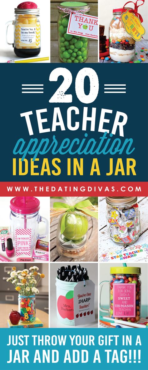 Easy and CUTE teacher appreciation gifts in a jar!!! I love that most come with a free gift tag!!! www.TheDatingDivas.com Cute Teacher Appreciation Gifts, Teacher Appreciation Ideas, Teacher Appreciation Diy, Gifts In A Jar, Teacher Appreciation Gifts Diy, Appreciation Ideas, Teachers Diy, Presents For Teachers, Free Gift Tags