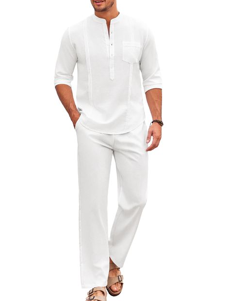 PRICES MAY VARY. [Premium Fabric]Men cuban guayabera outfits are made of great fabric, comfortable, breathable and lightweight, keeps you feeling cool and relaxed. The two piece outfits signals the start of holiday! [Fashion Guayabera Set] Men's 2 piece cotton linen set is a combo of henley shirt and elastic waist pants, featuring band collar, 5 buttons, chest pocket,cuban style,long sleeve, elastic waist with drawstring, two side pockets. It's not only a combo, the shirt and the pant can be als Men Shirts Outfits, White Cotton Outfit, Boho Beach Wedding Groom Attire, Men’s Dress Attire For Beach Wedding, Men’s Boho Style, Men Birthday Outfit Mens Fashion, Mens White Outfit, Beach Attire Men, Beach Formal Wedding Guest Men