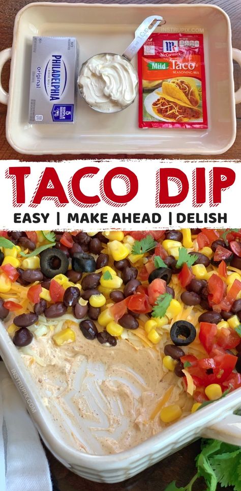 7 Layer Taco Dip (A quick, easy, make ahead party appetizer!) 9x13 Dip Recipes, Appetizers For Party Easy Dip, Appetizers For Big Party, Uga Party Food, Cold Lunch Party Food, Easy And Cheap Dips, Easy Recipes To Take To A Party, Cold Food For Tailgating, Homemade Taco Dip