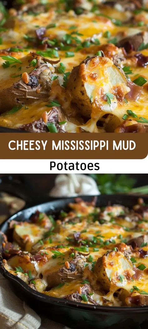 Cheesy Mississippi Mud Potatoes Mississippi Mud Potatoes, Crispy Beef, Cheesy Potato Casserole, Mississippi Mud, Cheesy Potato, Baked Asparagus, Lunch Appetizers, Savory Herb, Potato Side Dishes