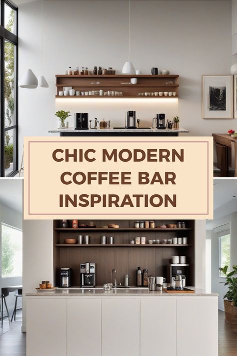 Discover chic modern coffee bar ideas with simple designs and cozy sipping nooks geared for coffee lovers, featuring a chic setup and sleek designs. Coffee Espresso Bar, Whiskey And Coffee Bar, Mid Century Modern Coffee Bar, Modern Coffee Station Ideas, Coffee Bar Backsplash, Coffee And Cocktail Bar, Modern Coffee Bar Ideas, Bar In Living Room, Modern Coffee Bar