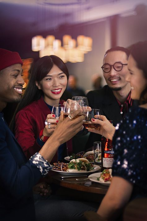 Celebrate a night out on the town with friends, whether at a restaurant or at a bar, and cheers with a glass of Martell VSOP Aged in Red Barrels! Please enjoy responsibly.⁠ This material relates to the promotion of alcohol⁠ and should not be viewed by anyone below the ⁠legal age of alcohol purchase in the country of⁠ viewing. cognac, alcohol, luxury wine and spirits, dinner, meal, happy hour, gathering, celebration, birthday Happy Hour Photoshoot, Happy Hour Photography, Restaurant Portrait, People Drinking Wine, Cheers Wine Glasses, Gathering Photography, Promotion Celebration, Women Drinking Wine, Cheer Photography