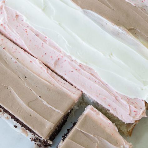 Neapolitan Sheet Cake Recipe - Sugar and Charm Chocolate Sheet Cake Recipe, Neapolitan Cake, Vanilla Sheet Cakes, Sheet Cake Recipe, Neapolitan Ice Cream, Chocolate Sheet Cake, Vegetarian Cake, Sheet Cake Recipes, Different Cakes