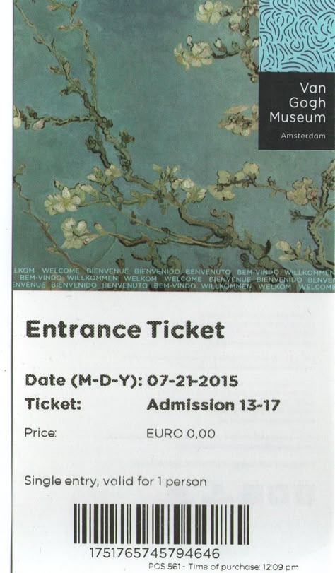 Van Gogh Museum Amsterdam, Entrance Ticket, July 2015 Museum Ticket Design, Van Gogh Museum Amsterdam, 보고서 디자인, Museum Tickets, Posters Ideas, Museum Design, Ticket Design, Art Invitation, Graphics Layout