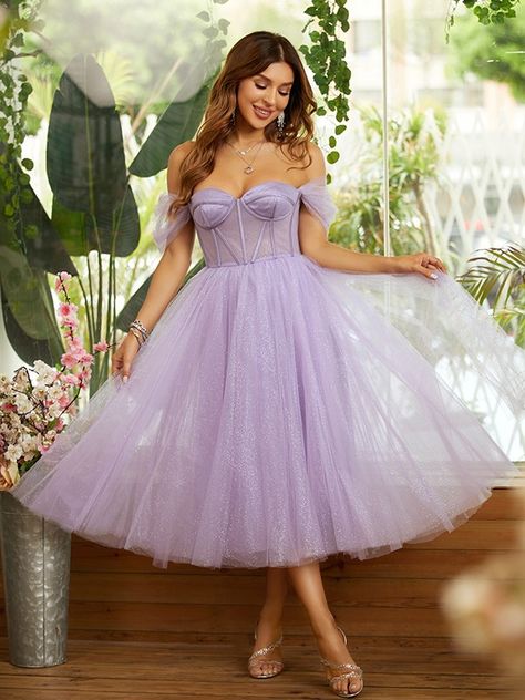 A-Line/Princess Tulle Ruffles Off-the-Shoulder Sleeveless Tea-Length Dresses Homecoming Dresses Mid Length, Homecoming Dress Corset, Tea Length Tulle Dress, Lilac Gowns, Purple Tulle Dress, Midi Tulle Dress, Lilac Midi Dress, Pagent Dresses, Tulle Dress Short