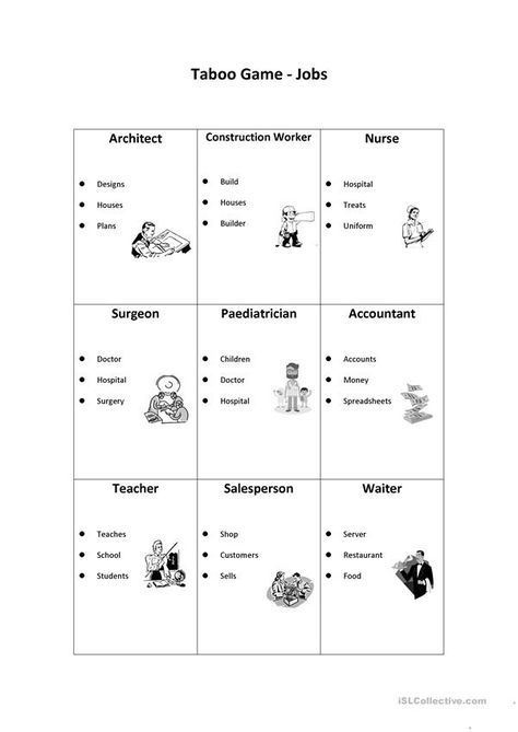 Taboo Activity - Jobs - English ESL Worksheets for distance learning and physical classrooms Taboo Cards, Taboo Words, Taboo Game, English Adjectives, Speaking Skills, Teaching Jobs, Classroom Fun, Esl Worksheets, Word Games