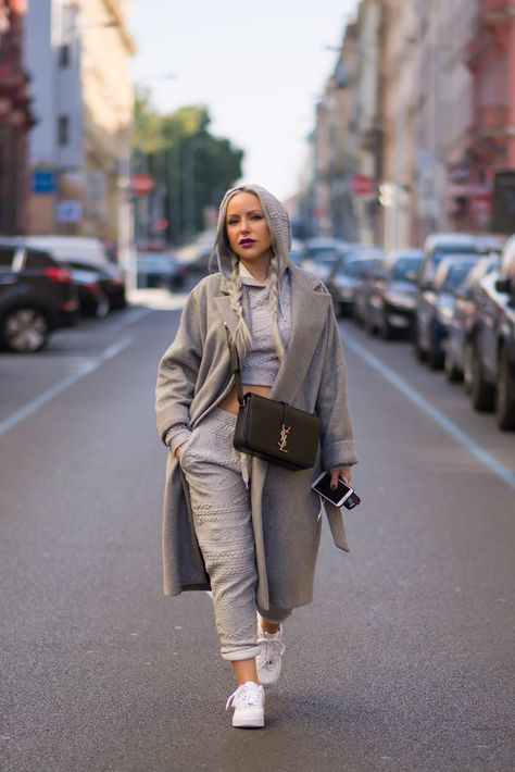 Grey Wool Coat, Track Suits Women, Bag Nike, Grey Tracksuit, Gray Wool Coat, Track Suits, Nike Air Force 1 Mid, Silver Bag, Air Force 1 Mid