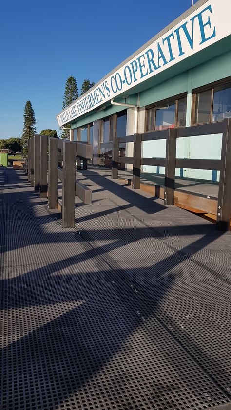 Looking back at Wallis Lake Fisherman’s Co-Op Wharf’s revitalisation of the existing timber wharf with MaxiGRATE FRP Mini Mesh Grating. Back in October of 2018 Wallis Lake Fisherman’s Co-Op Wharf reopened after 18 months of closure to the public. Along with some new features including an accessibility ramp and fishing platform. Fishing Platform, The Public, Looking Back, Fishing, Lake, Mesh