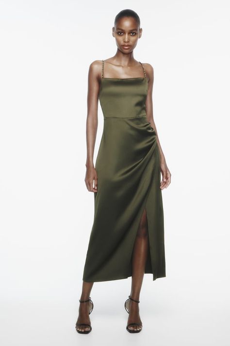 BEADED SLIP DRESS - Khaki | ZARA United States Outfit Minimalista, Multicolor Floral Dress, Dress Zara, Midi Wrap Dress, Bodycon Maxi Dresses, Khaki Dress, Pleated Midi Dress, Satin Midi Dress, Animal Print Dresses