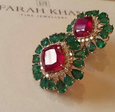 Ear Jewellery, Wedding Jewellery Collection, Jewelry Design Earrings, Gold Earrings Designs, Ruby Earrings, Gold Jewelry Indian, Ruby Jewelry, Jewelry Design Necklace, Emerald Earrings