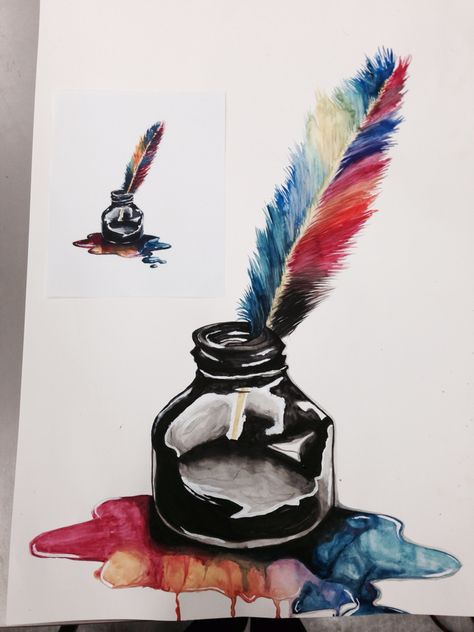 My ink pot watercolour painting Ink Pot Drawing, Ink Pot, Bottle Drawing, Creative Bookmarks, Feather Painting, Birthday Pictures, Doodle Drawings, Watercolour Painting, Artwork Painting