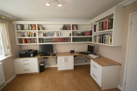 Two Desk Office, Office With Bookshelves, Bedroom Desks, Painted Office, Desk And Wardrobe, Home Office Layouts, Curved Desk, Study Table Designs, Office Bookshelves