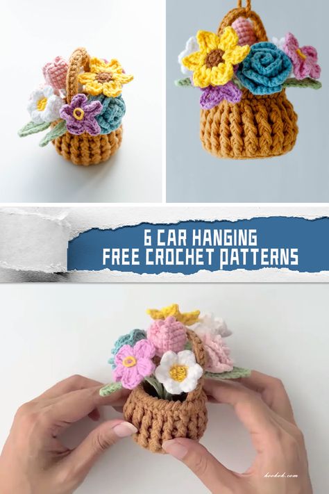 6 Car Hanging Crochet Patterns - FREE - iGOODideas.com Crochet Tiny Basket Free Pattern, Crochet Hanging Flower Basket, Hanging Plant Crochet Pattern Free, Fun Crochet Patterns Free, Crochet Hanging Plant Pattern Free, Crochet Mini Flower Pot, Crochet Desk Decor, Crochet Hanging Plant Pattern, Crochet Display