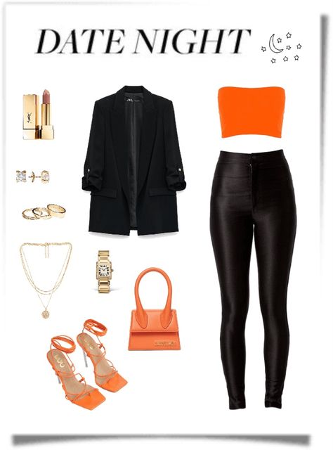 Orange Heels Outfit Summer, Bright Orange Top Outfit, Outfits With Orange Heels, Orange And Black Outfits For Women, Black Dress Orange Heels, Orange Top Outfit Ideas, Orange Top Black Pants, Orange Tank Top Outfit, Orange Heels Outfit