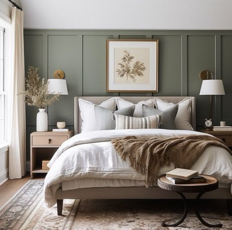 Bedding Ideas Dark Furniture, Sage Green Bedroom, Bedroom Decor Cozy, Creative Bedroom, Accent Wall Bedroom, Bedroom Redo, Bedrooms Decor, Bedroom Green, Bedroom Refresh