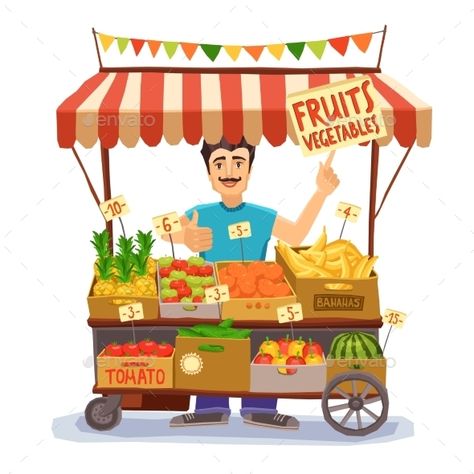 Street seller with stall with fruits and vegetables vector illustration. Editable EPS and Render in JPG format Street Seller, Healthy And Unhealthy Food, Menu Flyer, Restaurant Menu Template, Colorful Vegetables, Food Backgrounds, Cooking Ingredients, Fresh Fruits And Vegetables, Doodle Sketch