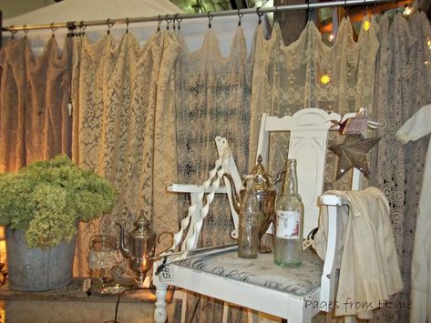 Vintage market booth - photo by Pages from Home Booth Wall Ideas, Vintage Market Booth, Lace Tablecloths, Vintage Booth Display, Vendor Booth Display, Flea Market Booth, Antique Booth Displays, Antique Booth Ideas, Creative Backdrops