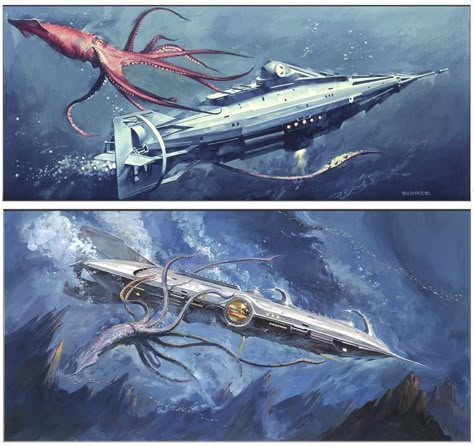 VINCENT DI FATE - Nautilus Concept Art (20,000 Leagues Under the Sea), 1980 & 1983 - items by vincentdifate Nautilus 20000 Leagues Under The Sea, 20 000 Leagues Under The Sea Nautilus, Nautilus Tattoo, Yonkers New York, Sea Explorer, Magic Things, Vintage Theatre, Blades In The Dark, Undersea World