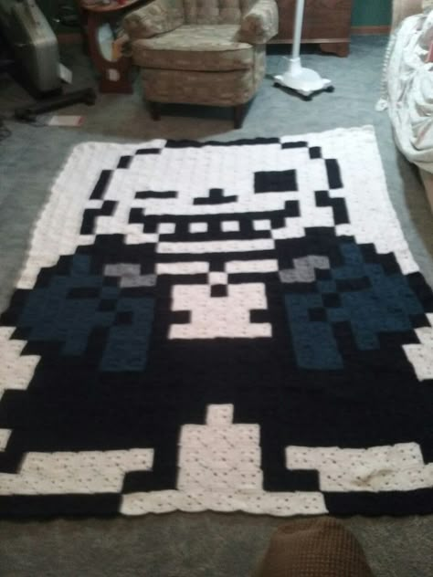 Sans,  Undertale granny square crochet blanket. Not a pattern Deltarune Crochet, Undertale Crochet Pattern, Undertale Bedroom, Undertale Crochet, 8 Bit Crochet, Crafts When Bored, Crochet Cosplay, Crochet Pixel Art, Granny Square Crochet Blanket