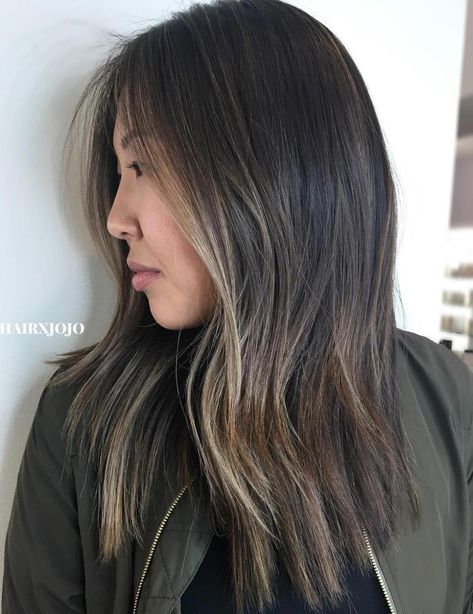 Asian Hairstyle With Partial Ash Highlights Asian Hair Highlights, Asian Balayage, Partial Balayage, Blonde Balayage Highlights, Blond Balayage, Balayage Hair Dark, Brunette Balayage Hair, Ombré Hair, Balayage Hair Blonde