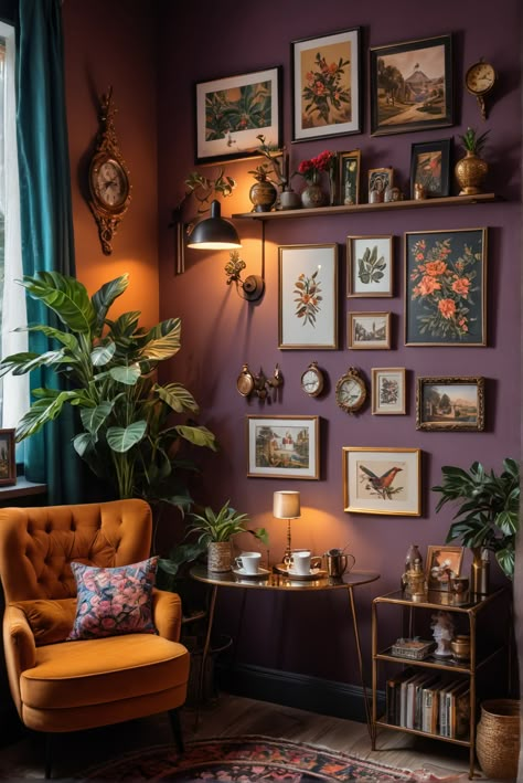 Gallery Wall Whimsical, Personal Decor Ideas, Apartment Decor Unique, Alternate Living Room Ideas, Interior Design Maximalist Living Room, Fun Living Room Ideas Cozy, Cozy Maximalism Aesthetic, Maximalist Reading Corner, Cozy Maximalism Apartment