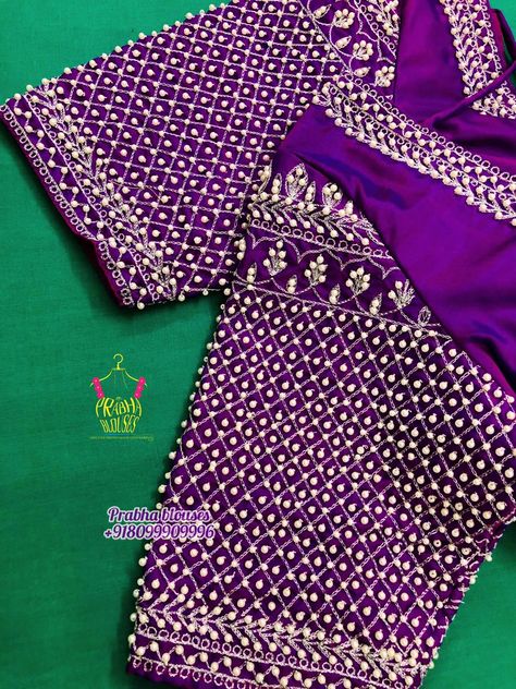 Checks Maggam Work Blouse, Maggam Work For Purple Blouse, Maggam Blouses, Prabha Blouses, Handwork Blouse, Maggam Blouse, Blouse Works, Aari Design, Maggam Work Blouse