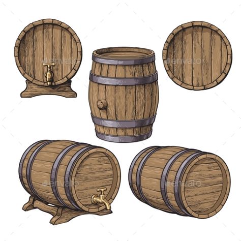 Collection of Classical Wooden Barrels Wooden Barrels, Medieval Furniture, Beer Barrel, Bg Design, Fantasy Props, Wooden Barrel, Sketch Style, Pencil Art Drawings, Wine Barrel