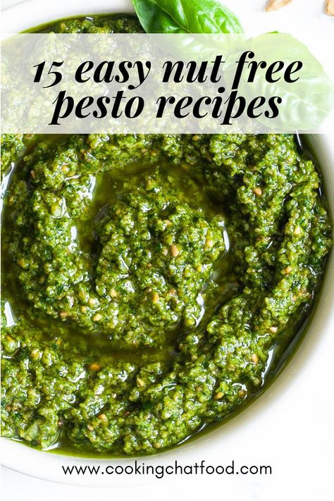 Nut Free Pesto Basil, Homemade Basil Pesto Recipe Nut Free, No Garlic Pesto, Pine Nut Substitute For Pesto, No Nuts Pesto Recipe, Pesto Recipe Without Nuts Basil, Pesto Recipe Without Nuts Or Seeds, Easy Pesto Recipe Without Pine Nuts Healthy, Pesto Sauce Without Pine Nuts Recipe