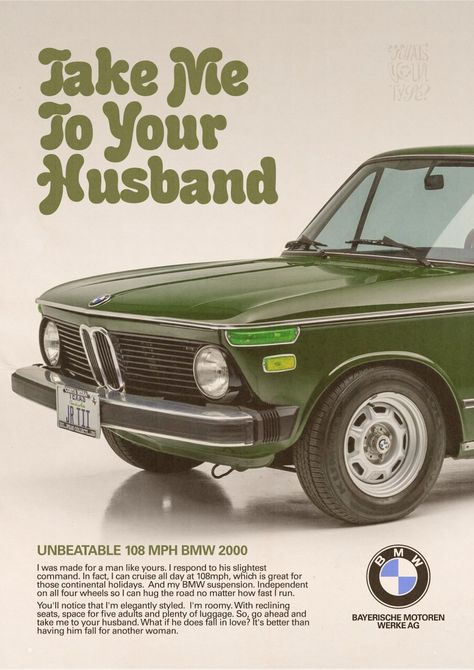 80s Car Advertisements, Vintage Poster Design Retro, Bmw 2000, 80s Poster, Vintage Racing Poster, Magazine Inspiration, Poster Idea, Ad Car, Brand Ideas